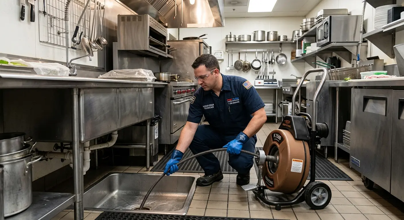 Commercial drain cleaning service in a restaurant kitchen in Hackensack