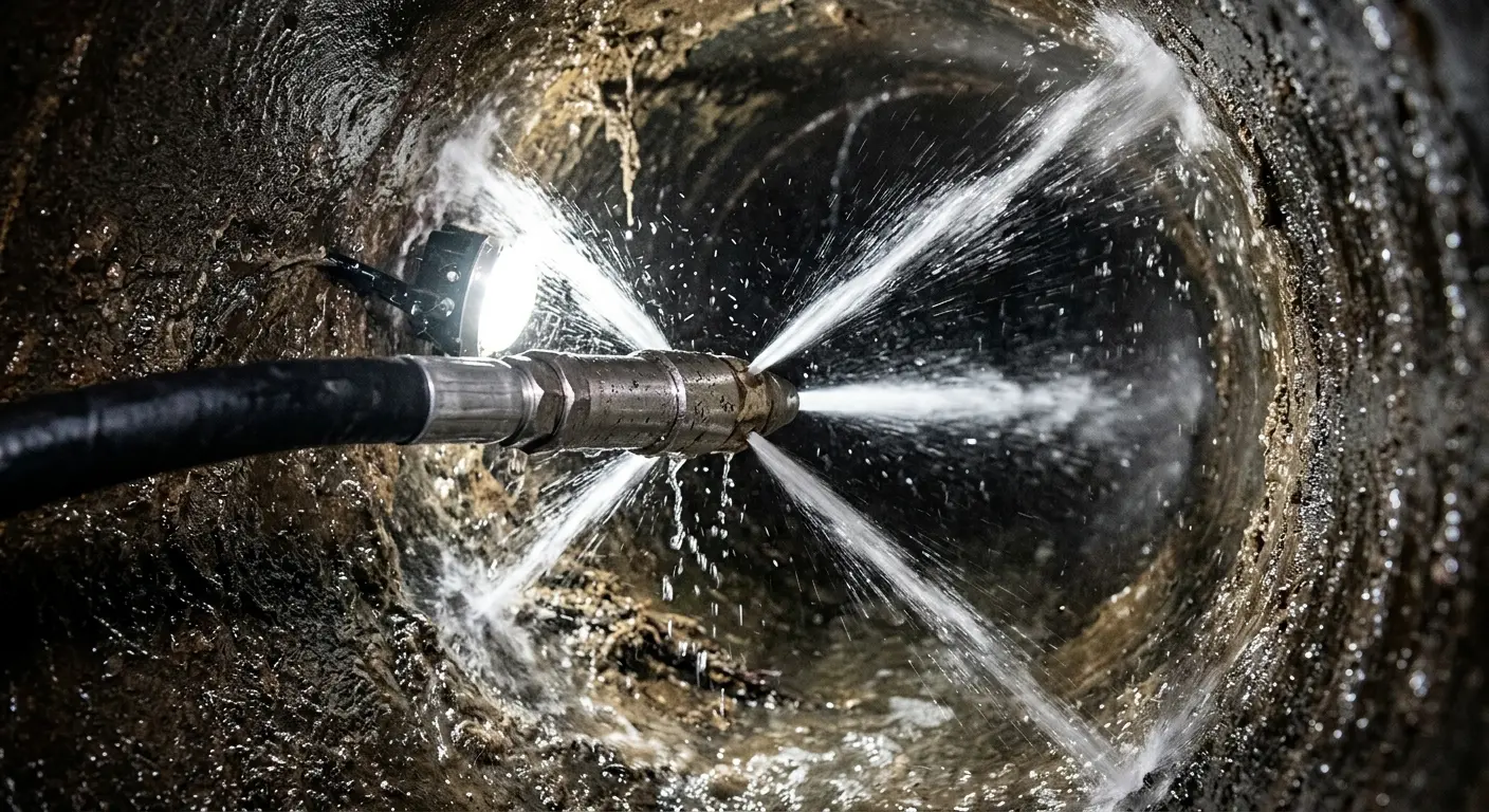 High-pressure hydro jetting nozzle cleaning sewer pipe for Sewer Line Relining in Hackensack