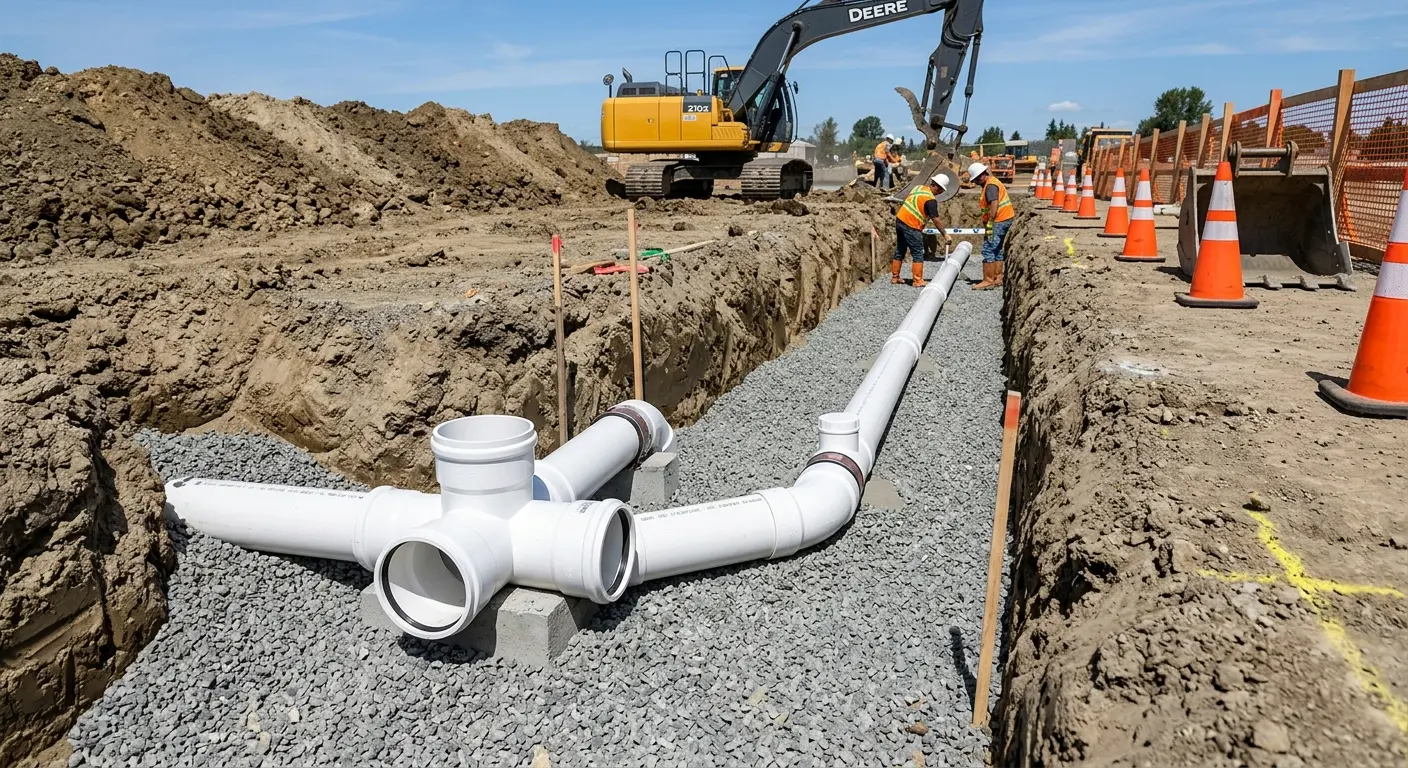 New PVC sewer pipe installation in open trench for Commercial Drain Cleaning in Hackensack