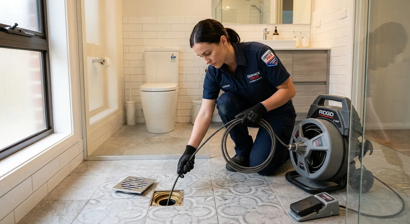 Technician clearing a bathroom floor drain for Clogged Drain Repair in Hackensack